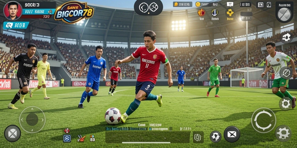 Tampilan gameplay seru dalam BIGCOR78 dengan aksi sepak bola nyata.