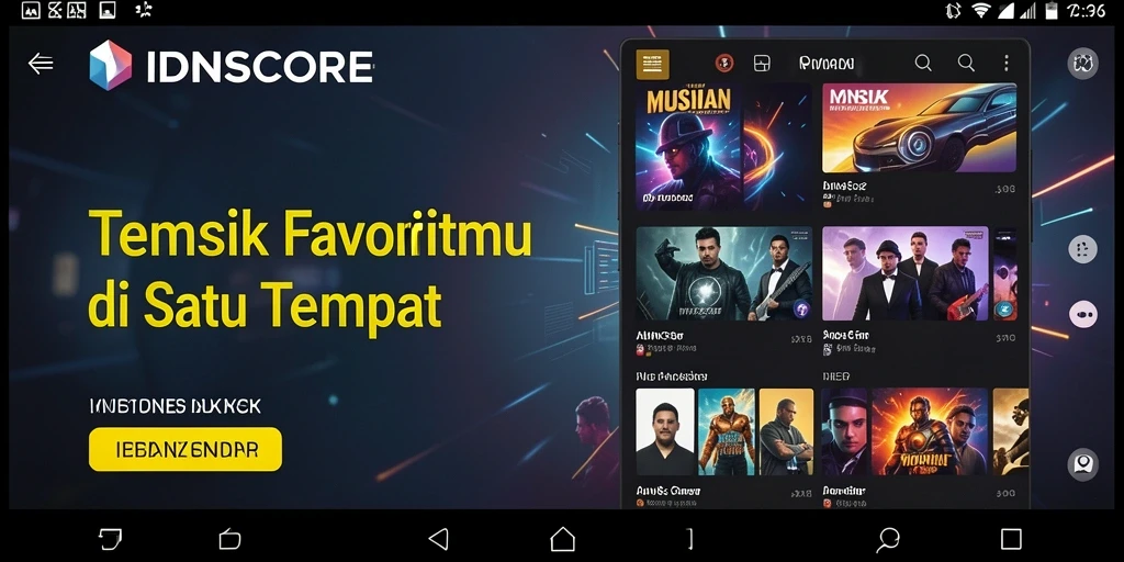 Tampilan screenshot IDNSCORE menampilkan antarmuka aplikasi yang menarik dengan berbagai genre musik.