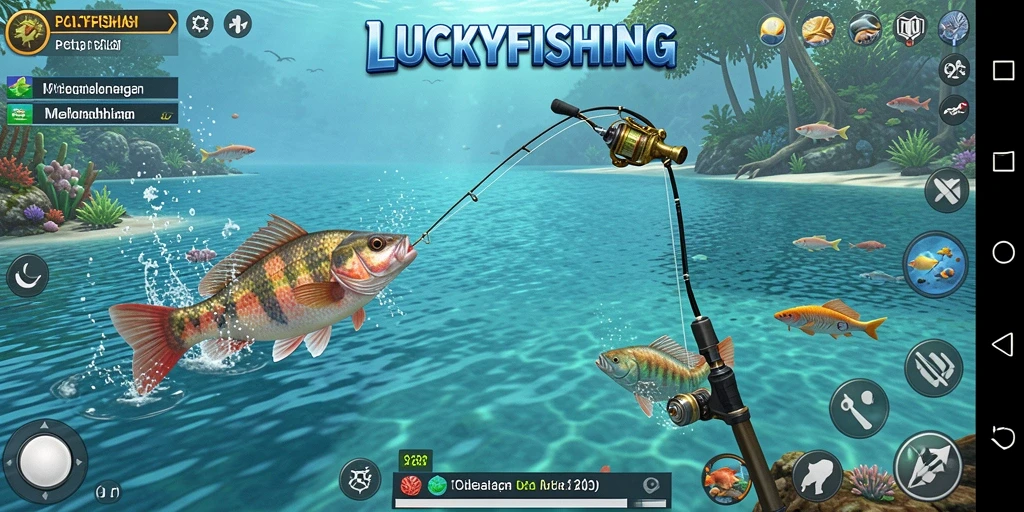 Screenshot utama gameplay LUCKYFISHING dengan pemandangan alam yang menakjubkan.