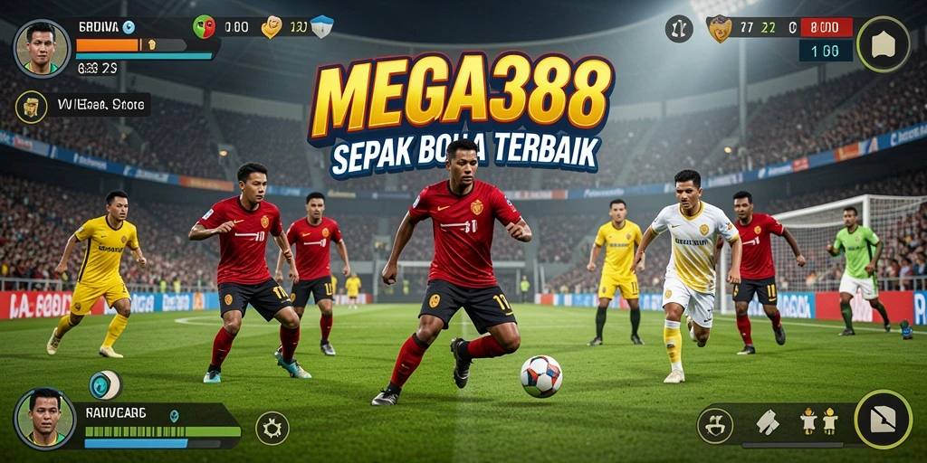 Screenshot gameplay MEGA388 menampilkan aksi seru di lapangan sepak bola.