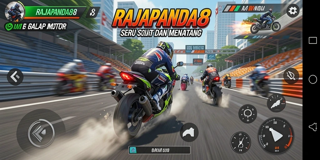 Tampilan aksi balapan seru di RAJAPANDA88 dengan motor yang cepat.