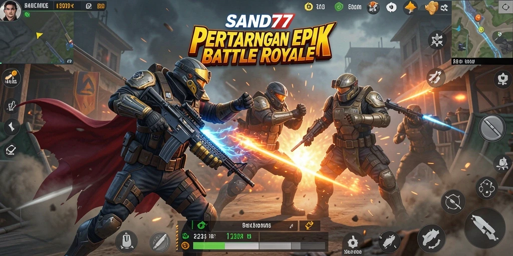 Screenshot utama SAND77 menampilkan pemain dalam pertempuran strategis di arena.